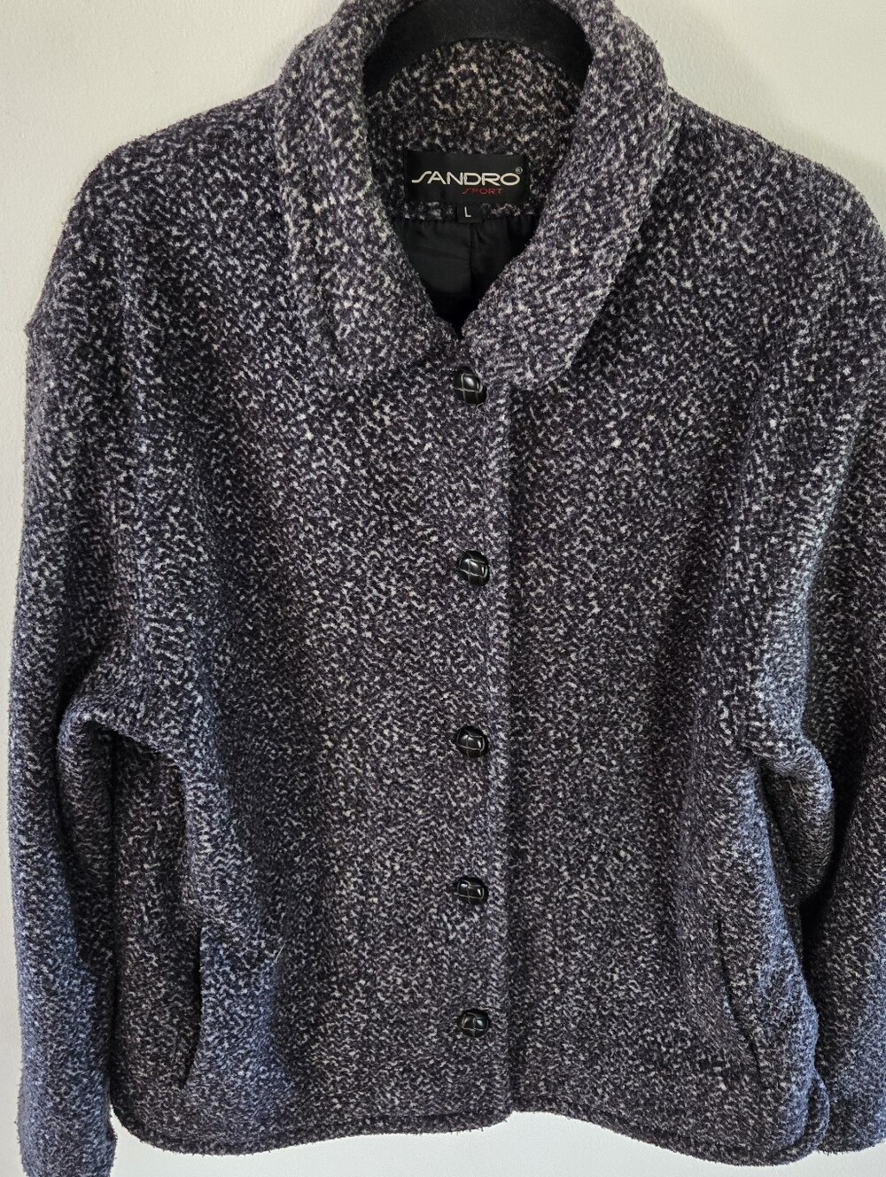 Sandro Sport Jacket Womens Large Gray Tweed Button Front Lined Short Length